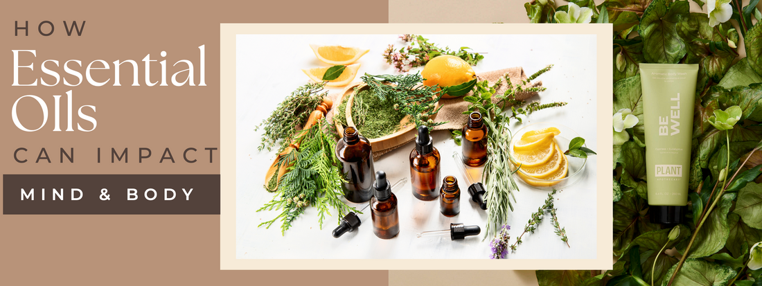 Image of essential oils and how they impact our mind and body through things such as body wash and shower gels