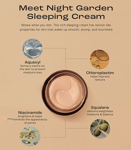 Night Cream infographic with niacinamide with night garden sleeping cream which has niacinamide and squalene